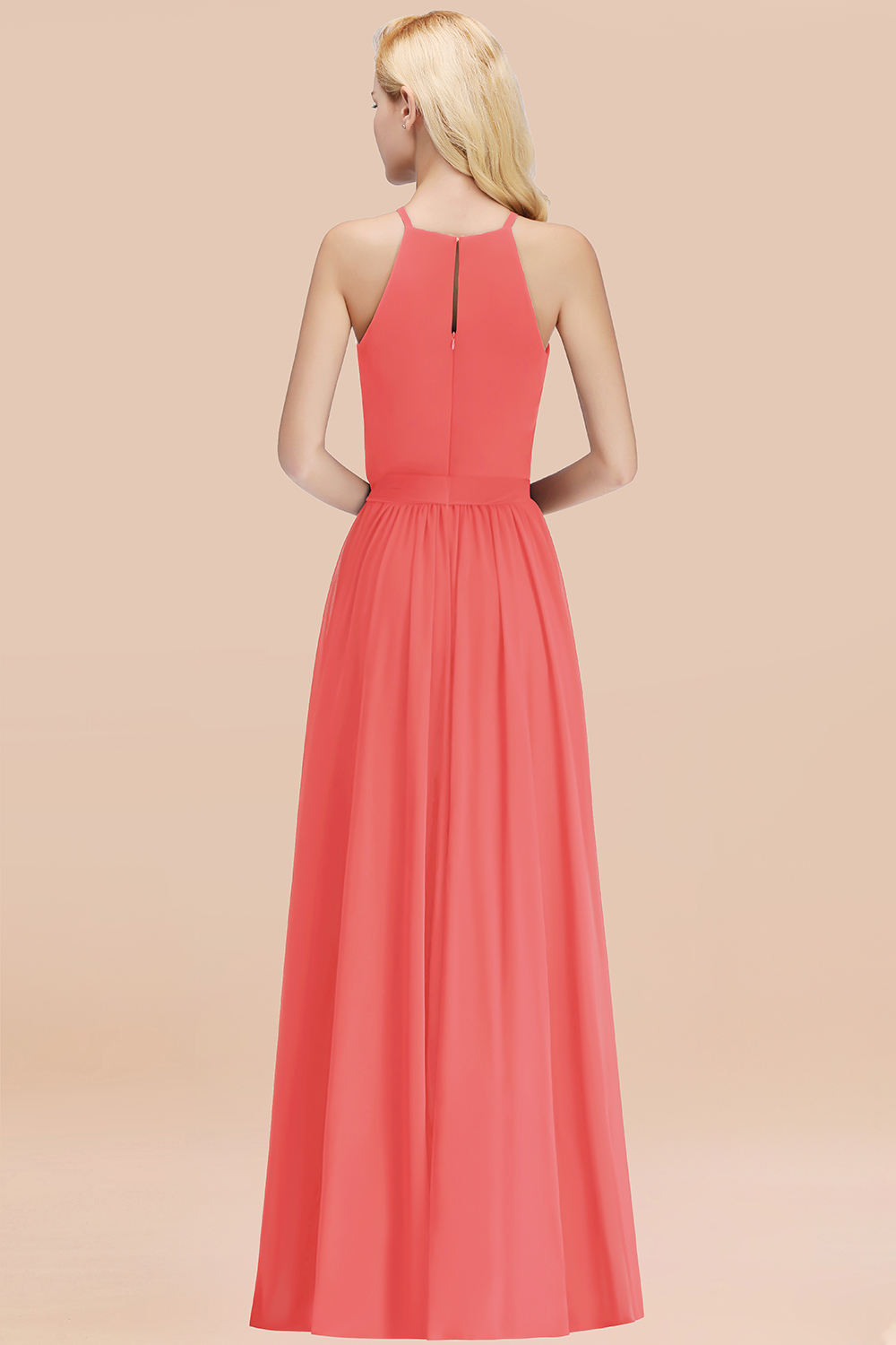 Chic Halter A-line Long Chiffon Bow Watermelon Bridesmaid Dresses