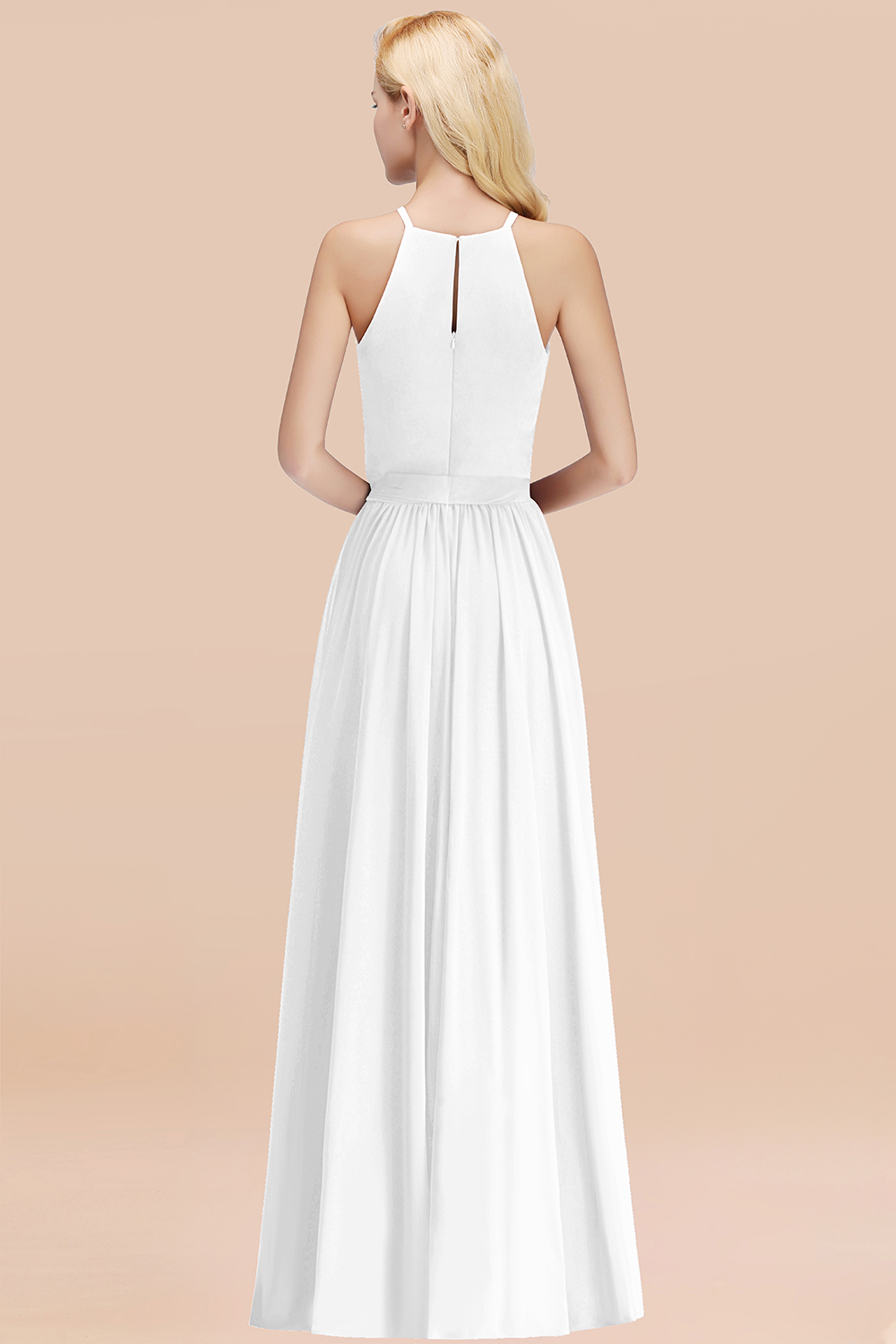 Chic Halter A-line Long Chiffon Bow White Bridesmaid Dresses