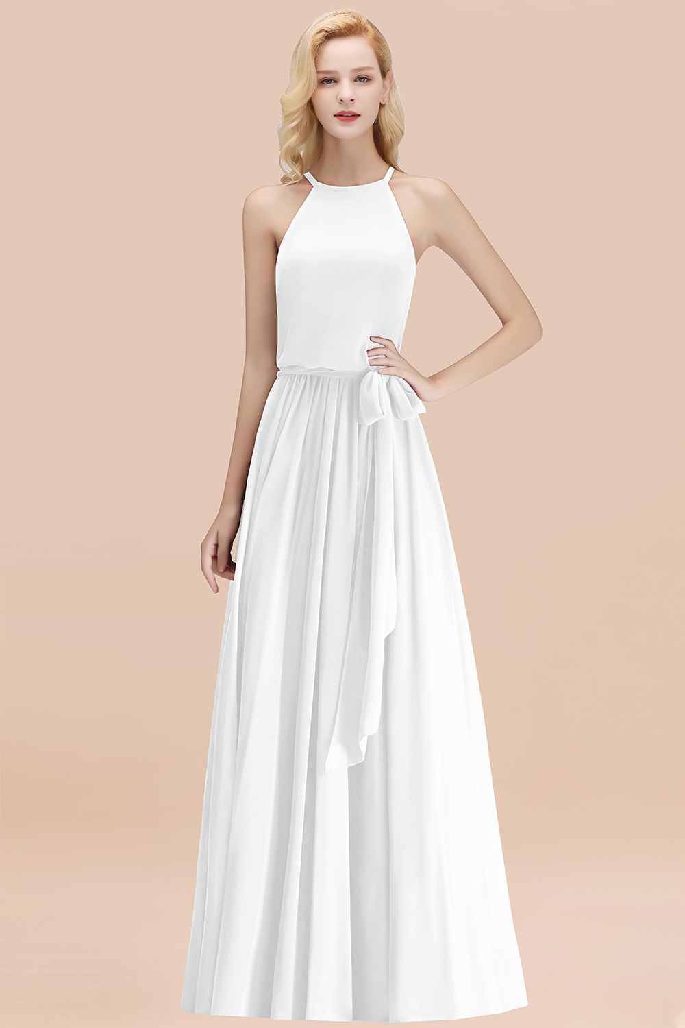 Chic Halter A-line Long Chiffon Bow White Bridesmaid Dresses