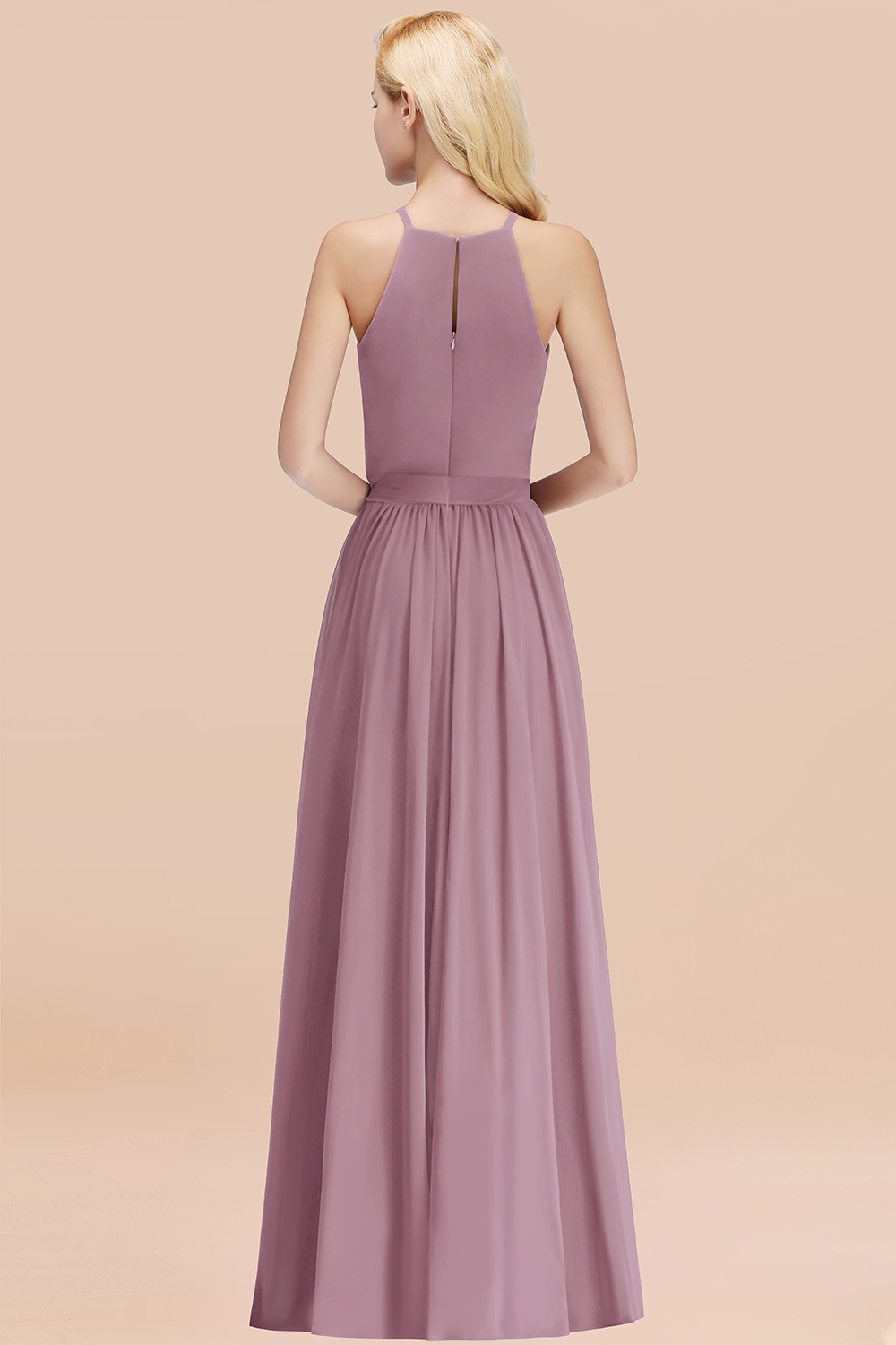 Chic Halter A-line Long Chiffon Bow Wisteria Bridesmaid Dresses
