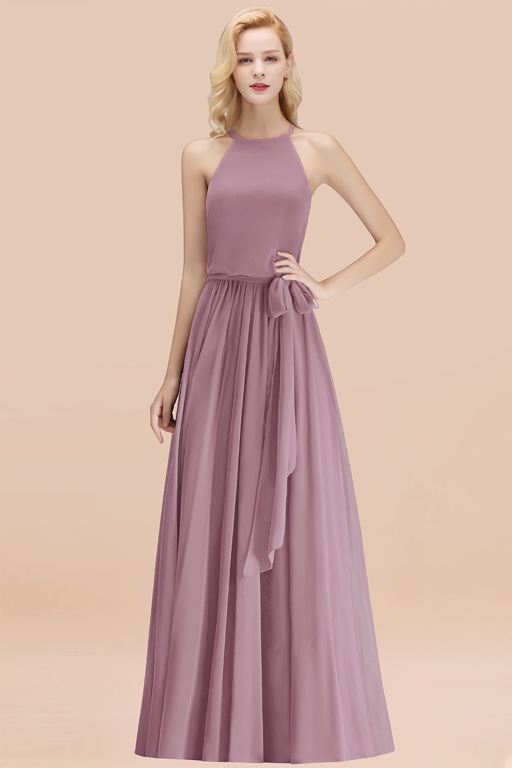 Chic Halter A-line Long Chiffon Bow Wisteria Bridesmaid Dresses