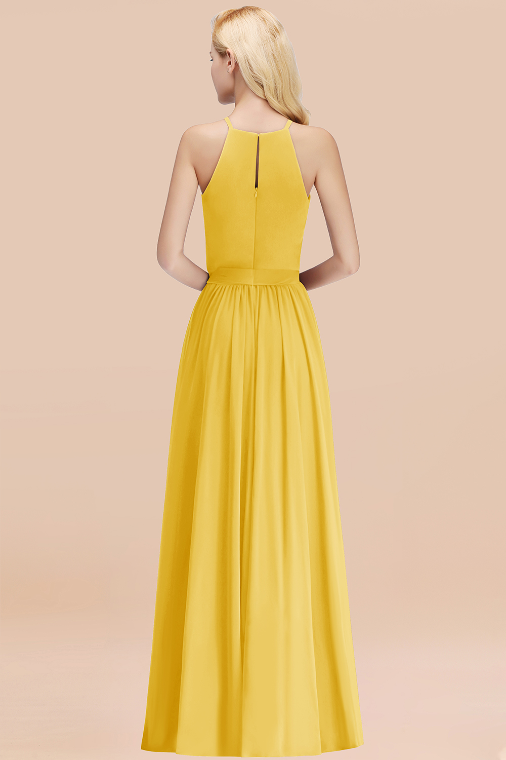 Chic Halter A-line Long Chiffon Bow Yellow Bridesmaid Dresses