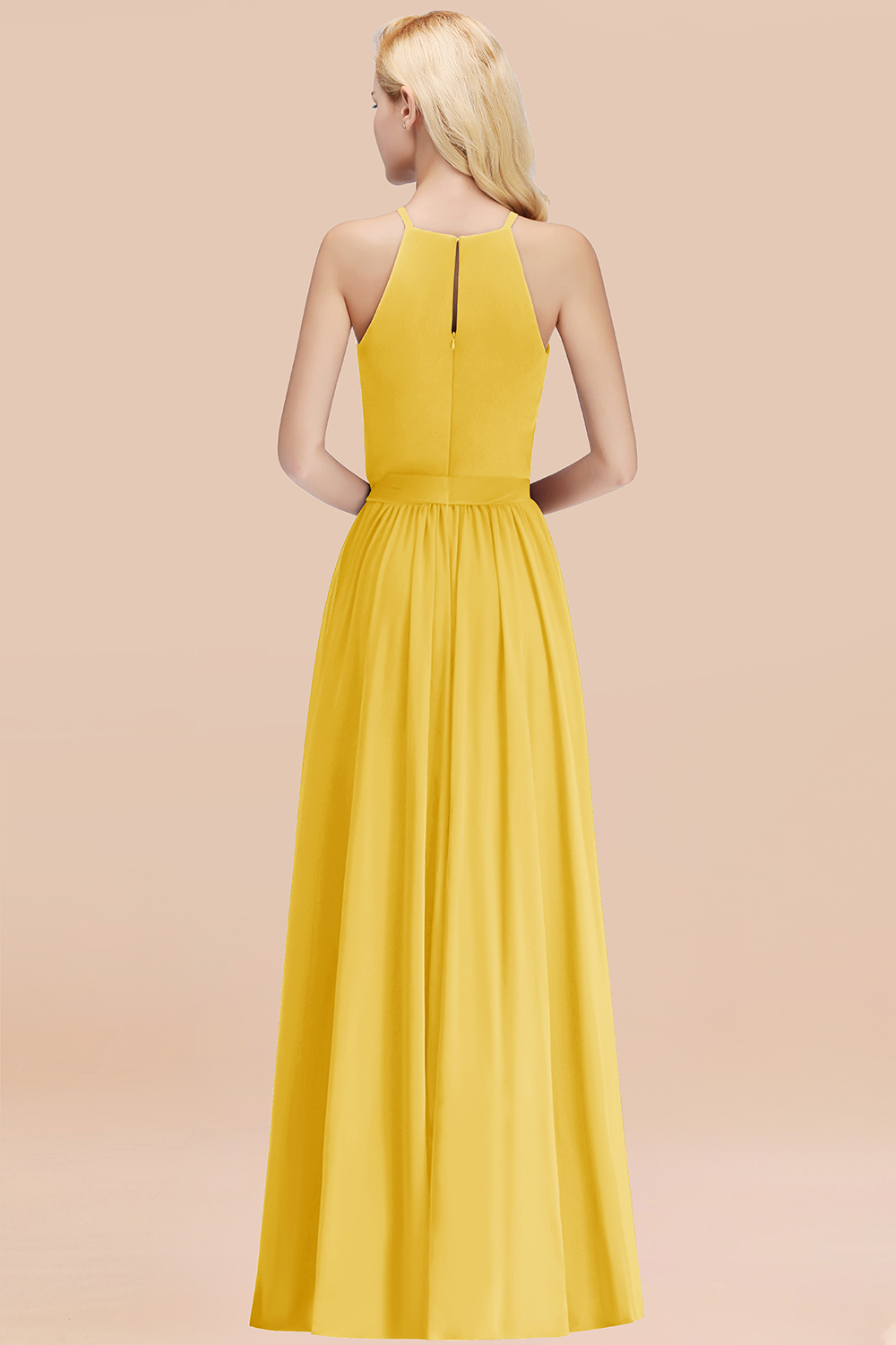 Chic Halter A-line Long Chiffon Bow Yellow Bridesmaid Dresses