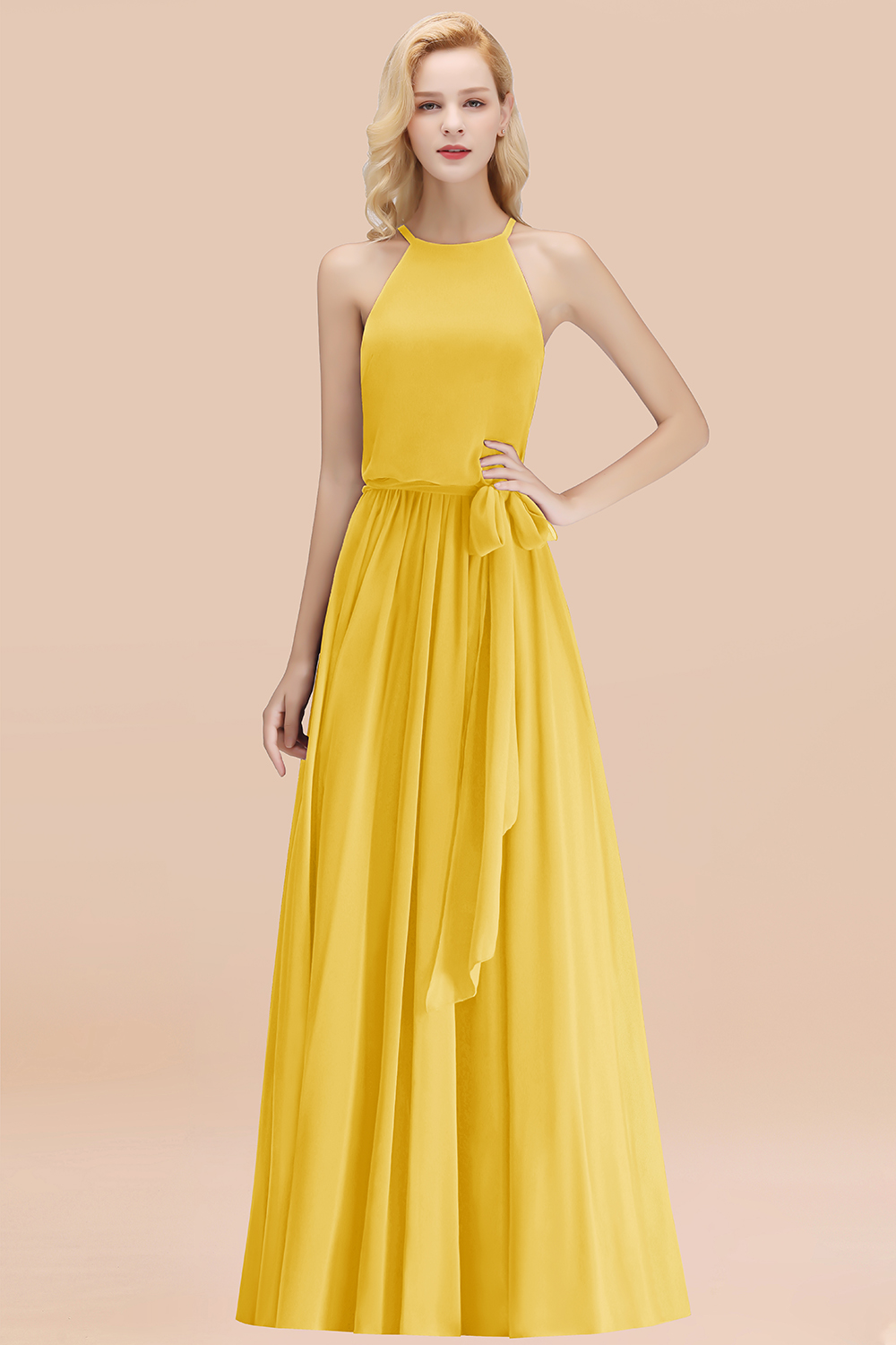 Chic Halter A-line Long Chiffon Bow Yellow Bridesmaid Dresses