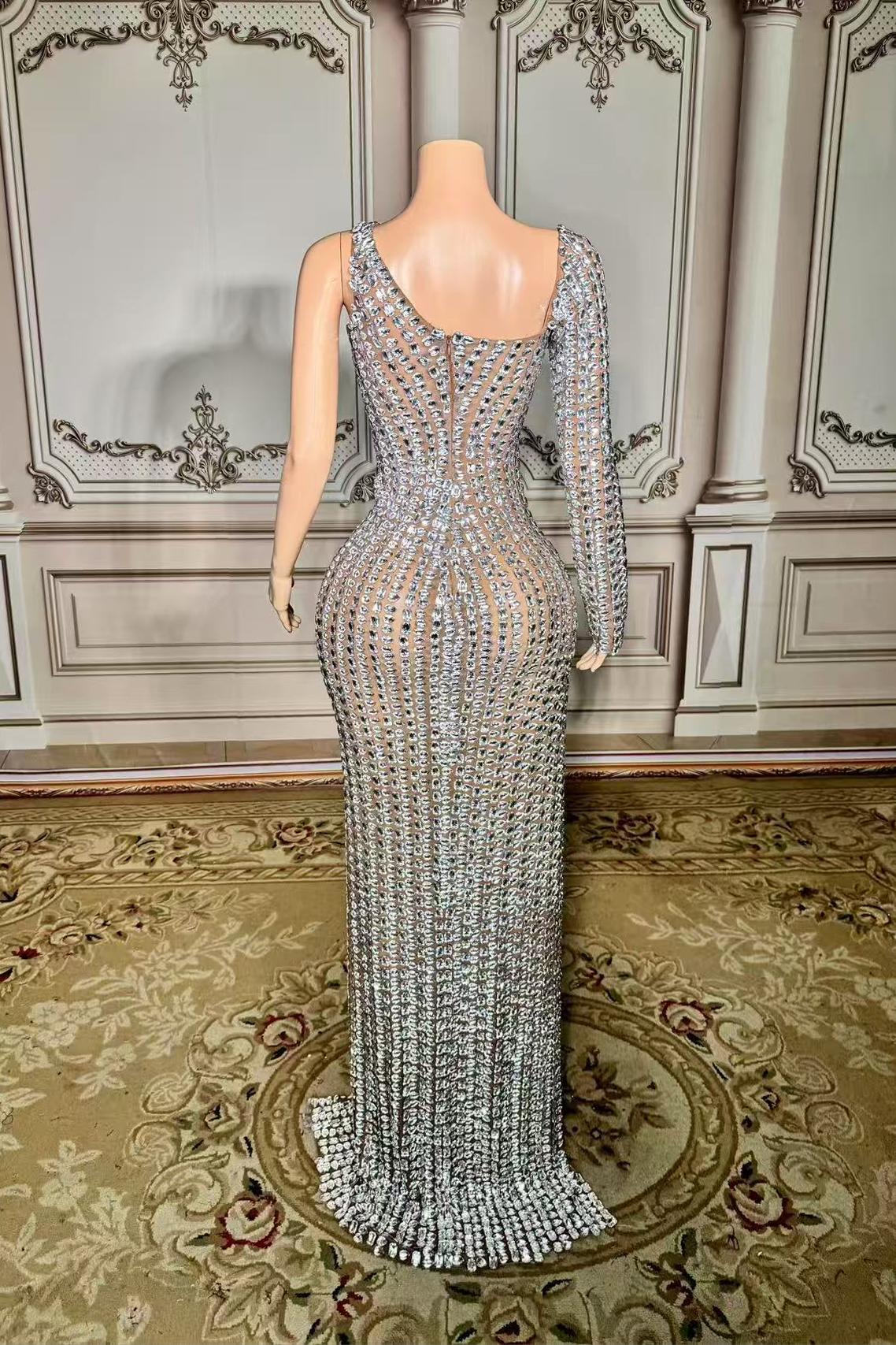 One Sleeve Slit Long Tulle Straight Prom Dress with Rhinestones -babyonlines