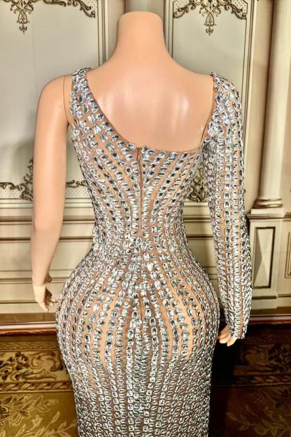 One Sleeve Slit Long Tulle Straight Prom Dress with Rhinestones -babyonlines