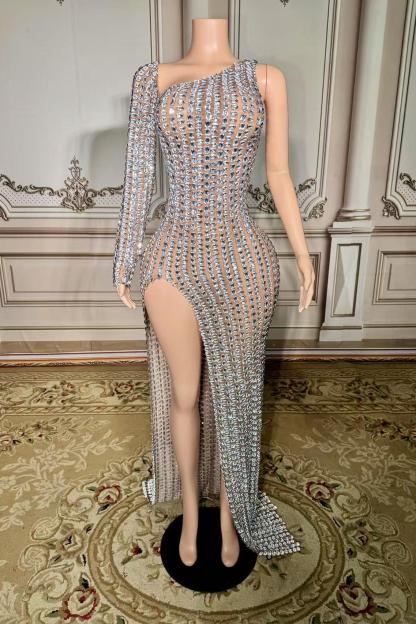 One Sleeve Slit Long Tulle Straight Prom Dress with Rhinestones -babyonlines