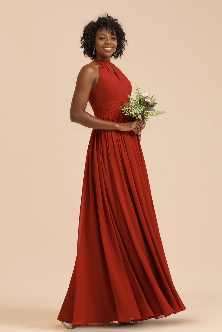 Rust Halter A-line Long Chiffon Zipper Bridesmaid Dress Bridesmaidress UK