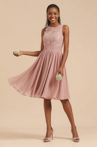 Short Lace Dusty Rose Sleeveless Chiffon Keyhole Back Bridesmaid Dress