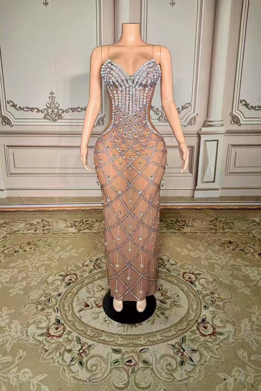Straight Mermaid Long Tulle Sliver Rhinestones Zipper Prom Dress -Bridesmaidress UK