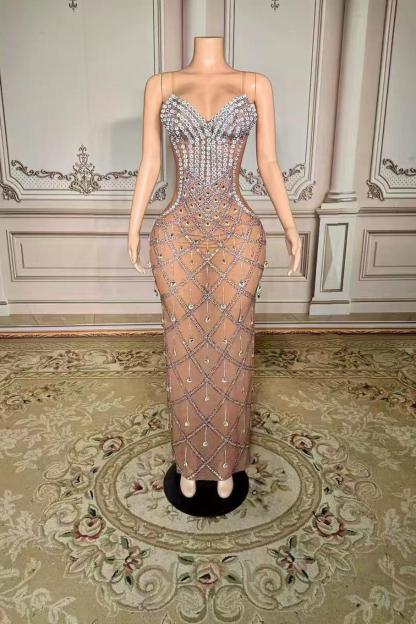 Straight Mermaid Long Tulle Sliver Rhinestones Zipper Prom Dress -Bridesmaidress UK