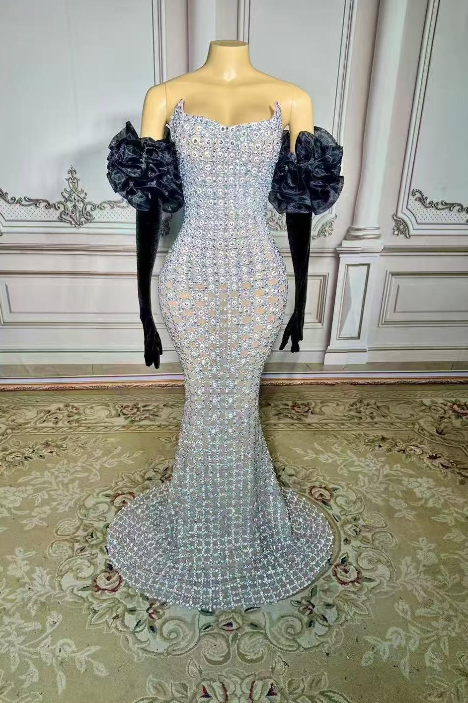 Strapless Sleeveless Tulle Mermaid Rhinestones Long Prom Dress-babyonlines