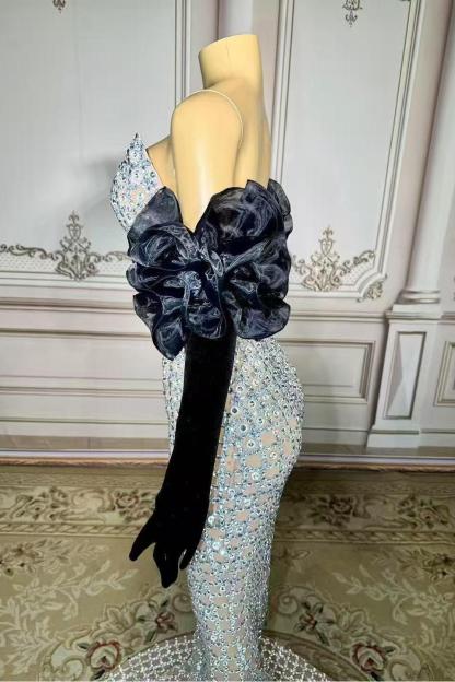 Strapless Sleeveless Tulle Mermaid Rhinestones Long Prom Dress-babyonlines