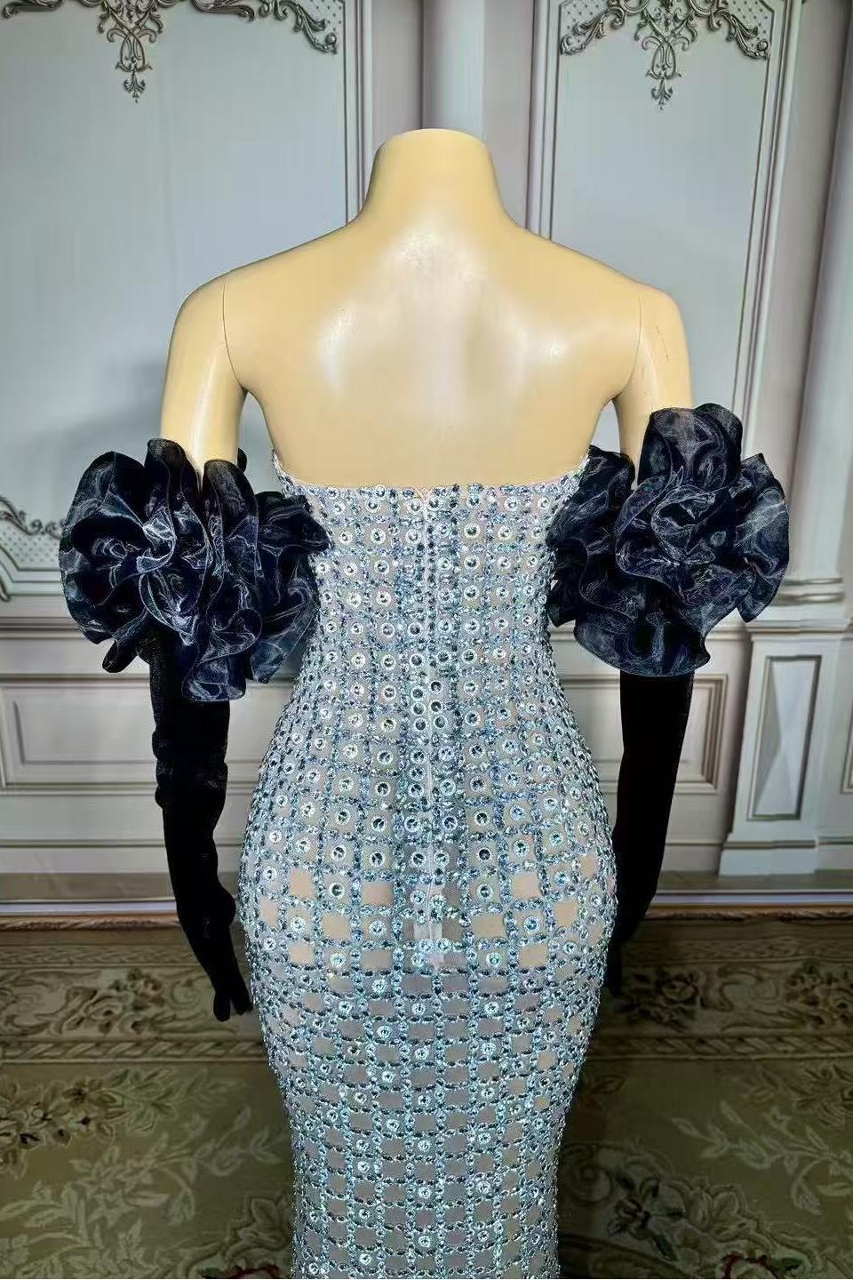 Strapless Sleeveless Tulle Mermaid Rhinestones Long Prom Dress-babyonlines