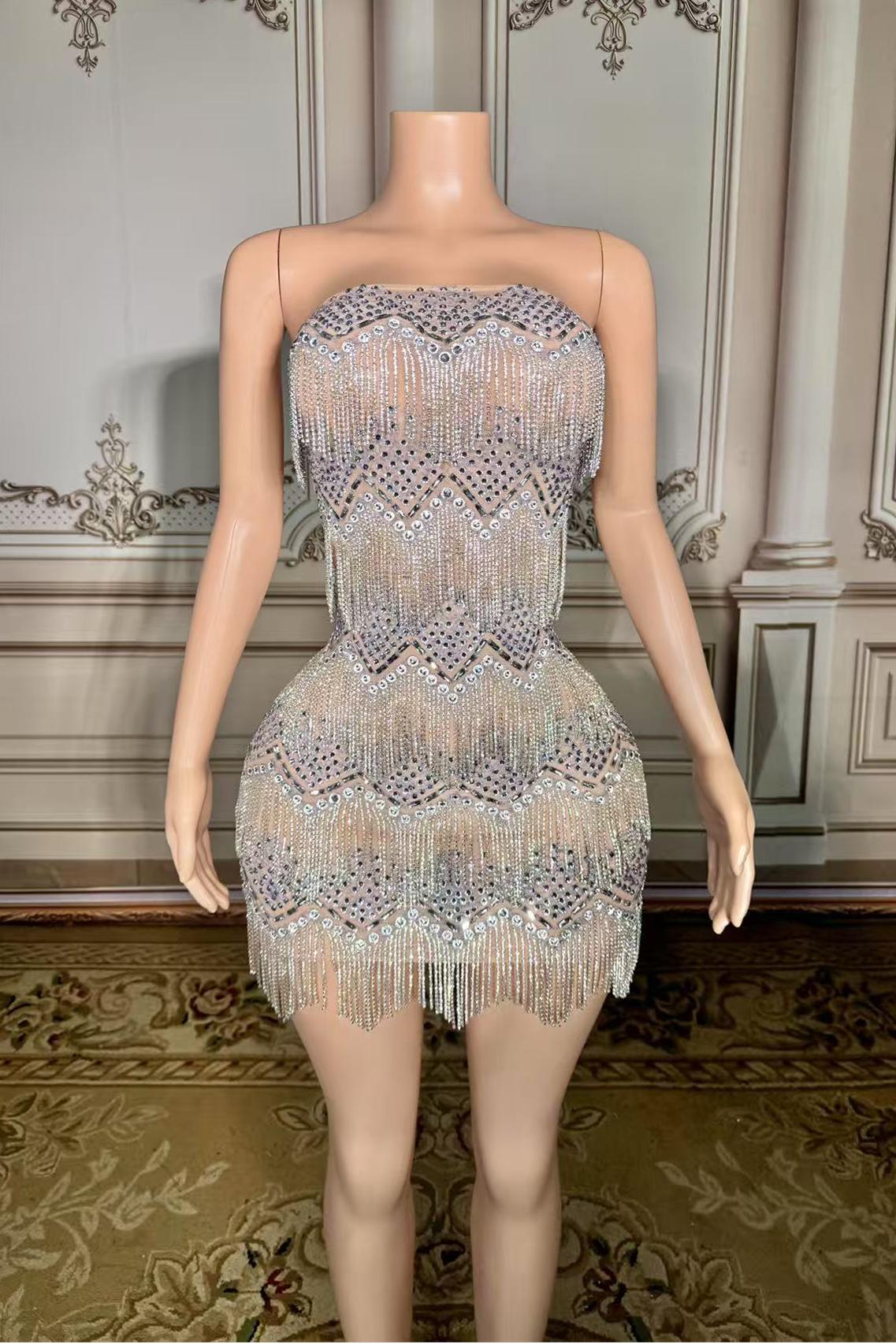 Tassel Strapless Natural Mini Zipper Mermaid Prom Dress -babyonlines