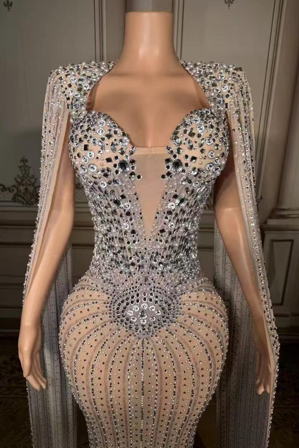 Tulle Asymmetrical Long Rhinestones Prom Dress with Watteau Train-babyonlines