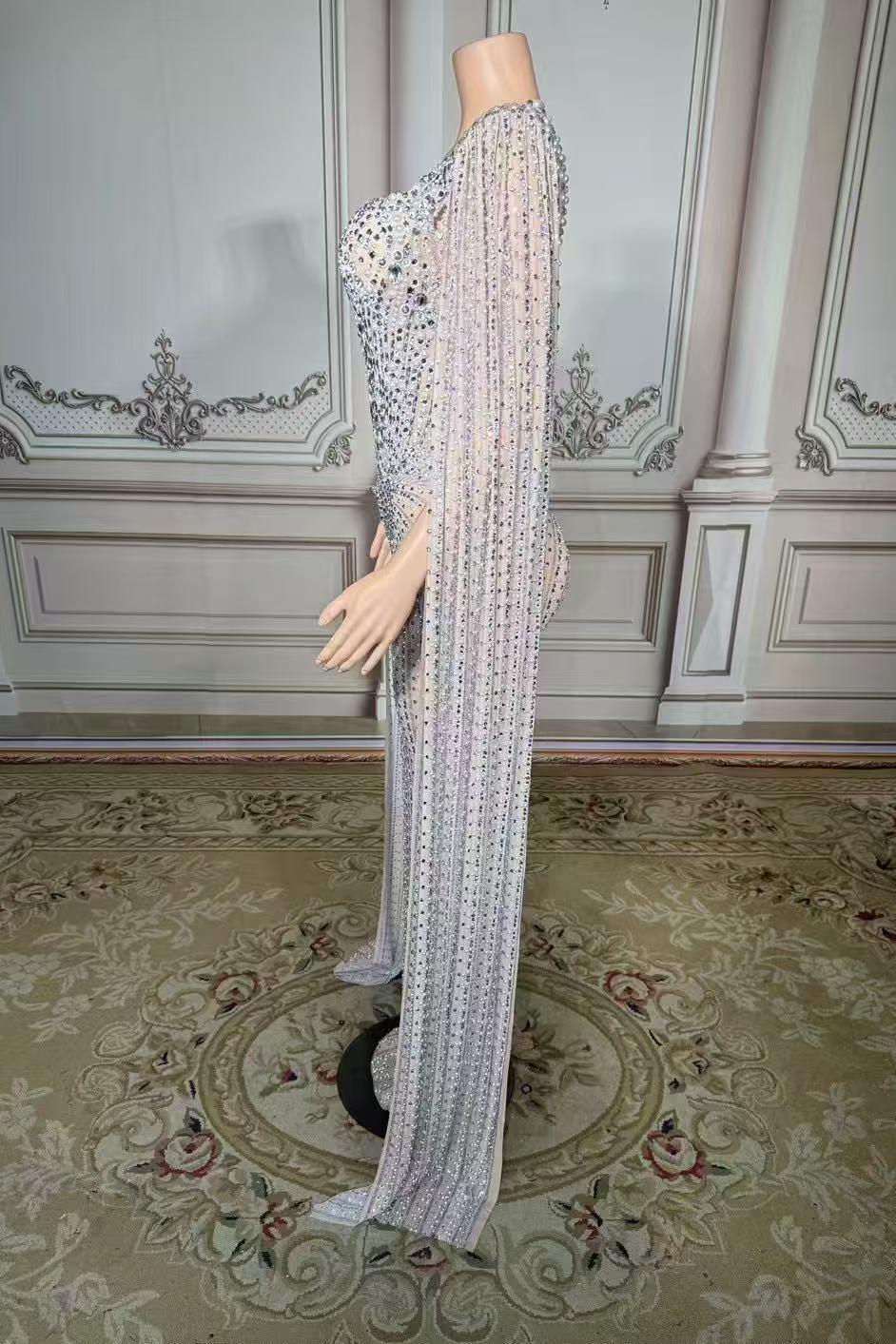 Tulle Asymmetrical Long Rhinestones Prom Dress with Watteau Train-babyonlines