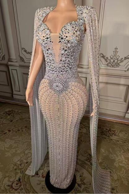 Tulle Asymmetrical Long Rhinestones Prom Dress with Watteau Train-Bridesmaidress UK