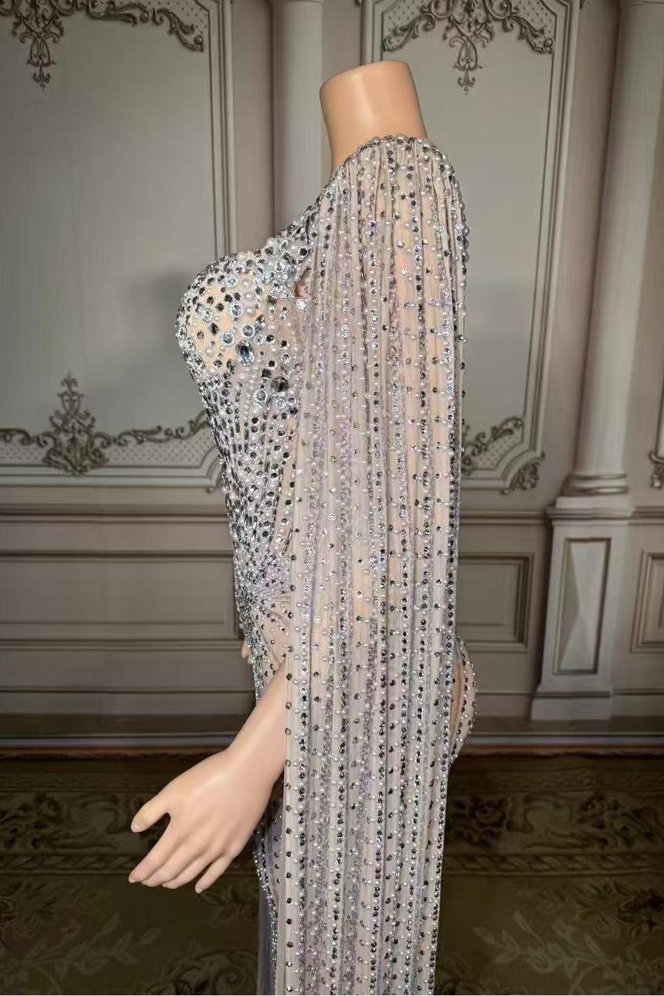 Tulle Asymmetrical Long Rhinestones Prom Dress with Watteau Train-babyonlines