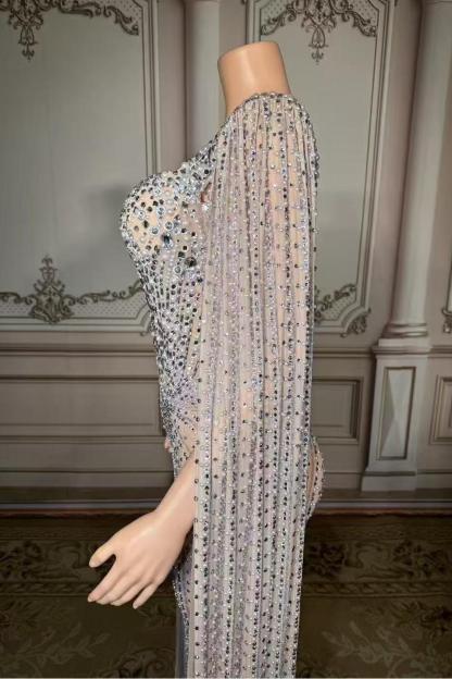 Tulle Asymmetrical Long Rhinestones Prom Dress with Watteau Train-babyonlines