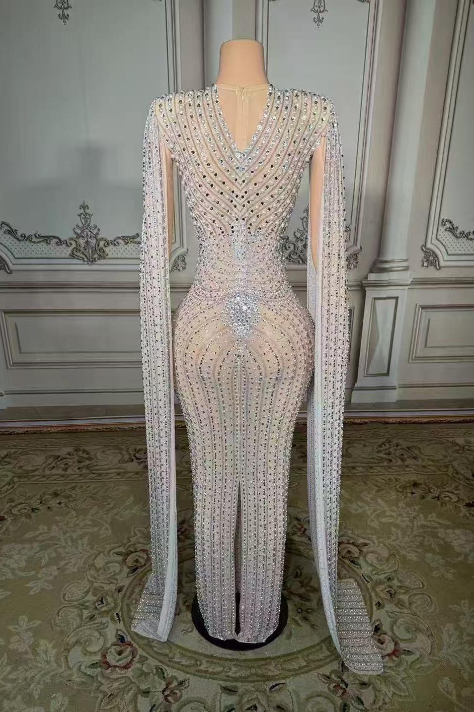 Tulle Asymmetrical Long Rhinestones Prom Dress with Watteau Train-babyonlines