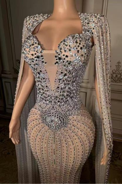 Tulle Asymmetrical Long Rhinestones Prom Dress with Watteau Train-babyonlines