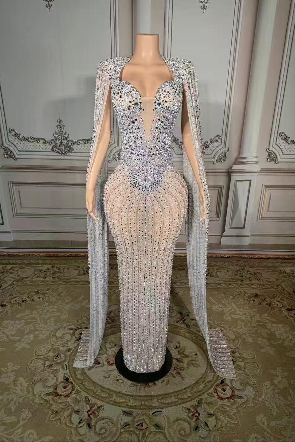 Tulle Asymmetrical Long Rhinestones Prom Dress with Watteau Train-babyonlines