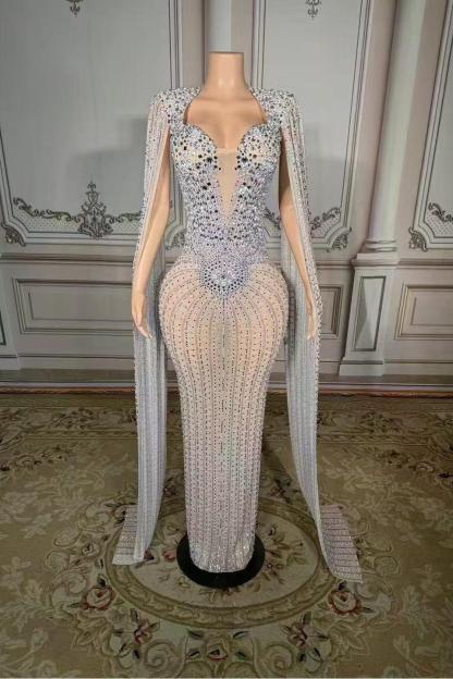 Tulle Asymmetrical Long Rhinestones Prom Dress with Watteau Train-babyonlines