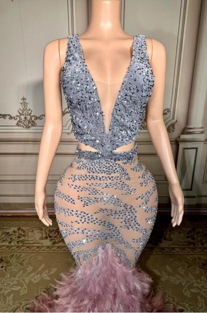 V-neck Sleeveless Feather Mermaid Sequins Long Prom Dress-babyonlines