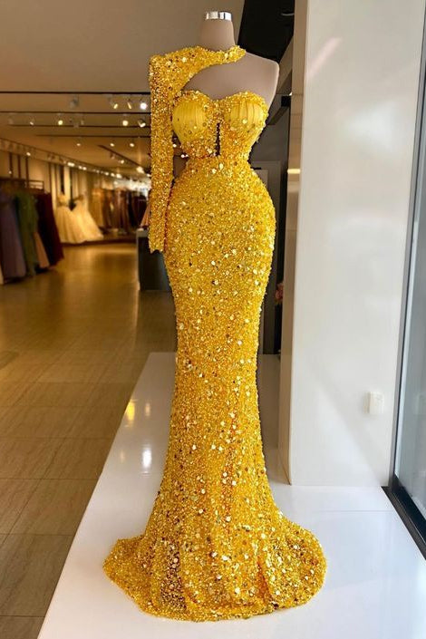 Yellow Sweetheart One Shoulder Long Sleeve Mermaid Prom Dress with Sequins