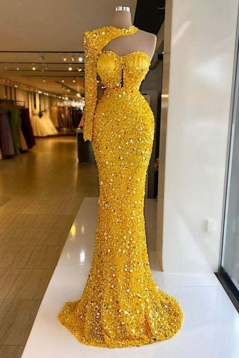 Yellow Sweetheart One Shoulder Long Sleeve Mermaid Prom Dress with Sequins