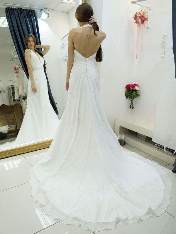 A-Line Halter Chiffon Sweep Train Wedding Dress with Beading