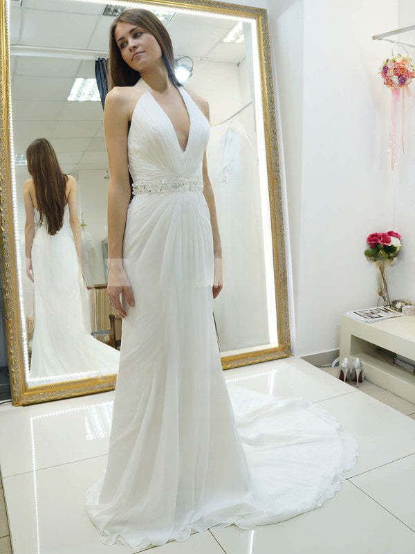 A-Line Halter Chiffon Sweep Train Wedding Dress with Beading