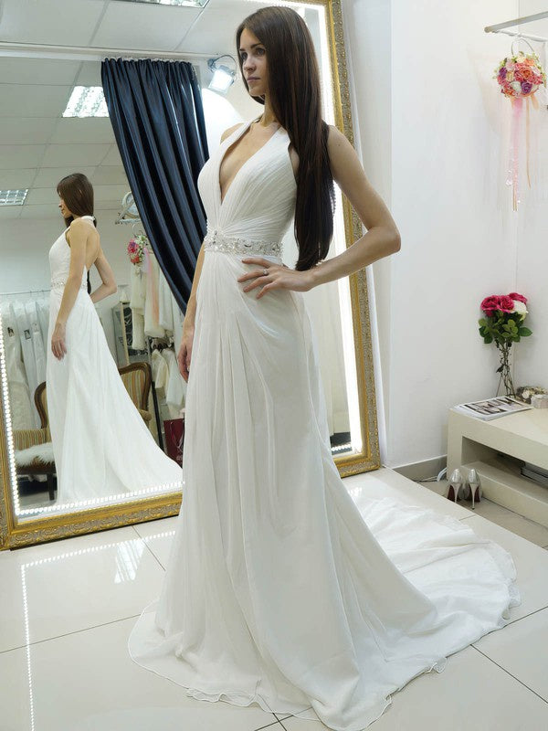 A-Line Halter Chiffon Sweep Train Wedding Dress with Beading