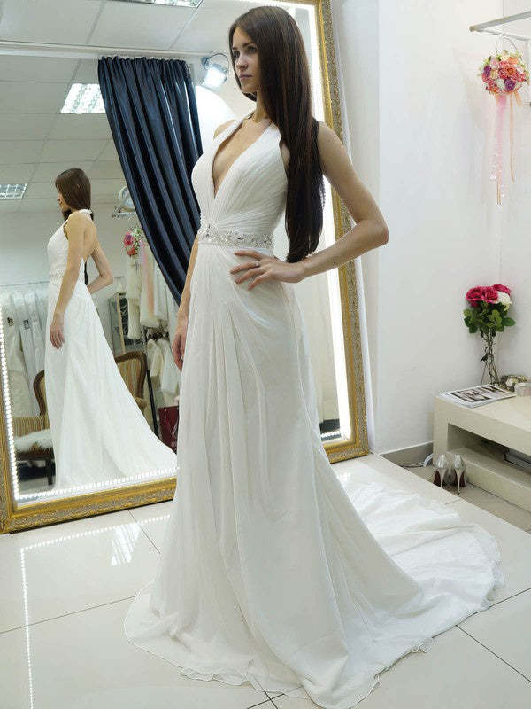A-Line Halter Chiffon Sweep Train Wedding Dress with Beading