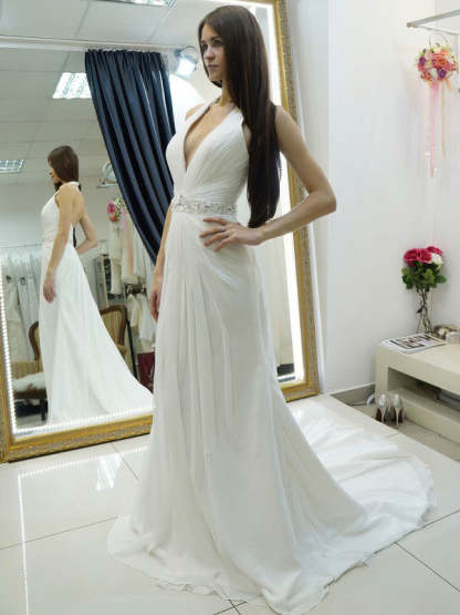 A-Line Halter Chiffon Sweep Train Wedding Dress with Beading