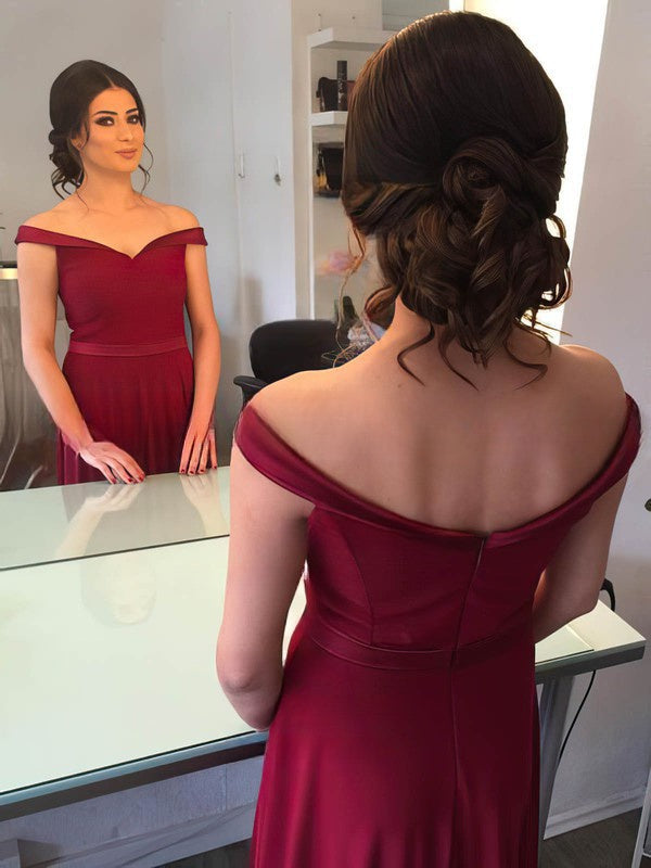 A-Line Off-the-Shoulder Satin Gown with Sashes and Sweep Train