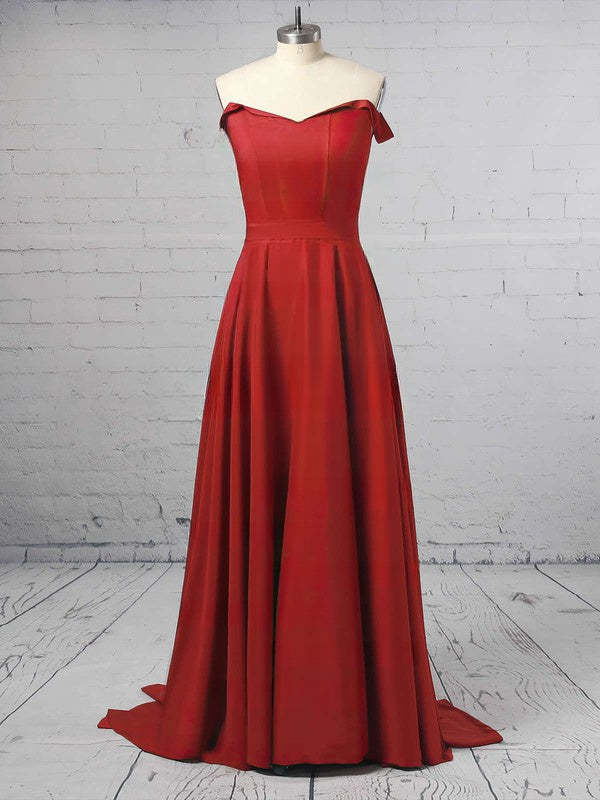 A-Line Off-the-Shoulder Satin Gown with Sashes and Sweep Train