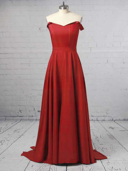 A-Line Off-the-Shoulder Satin Gown with Sashes and Sweep Train