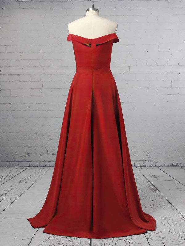 A-Line Off-the-Shoulder Satin Gown with Sashes and Sweep Train