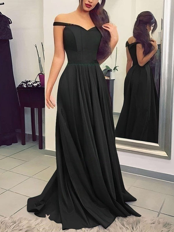 A-Line Off-the-Shoulder Satin Gown with Sashes and Sweep Train