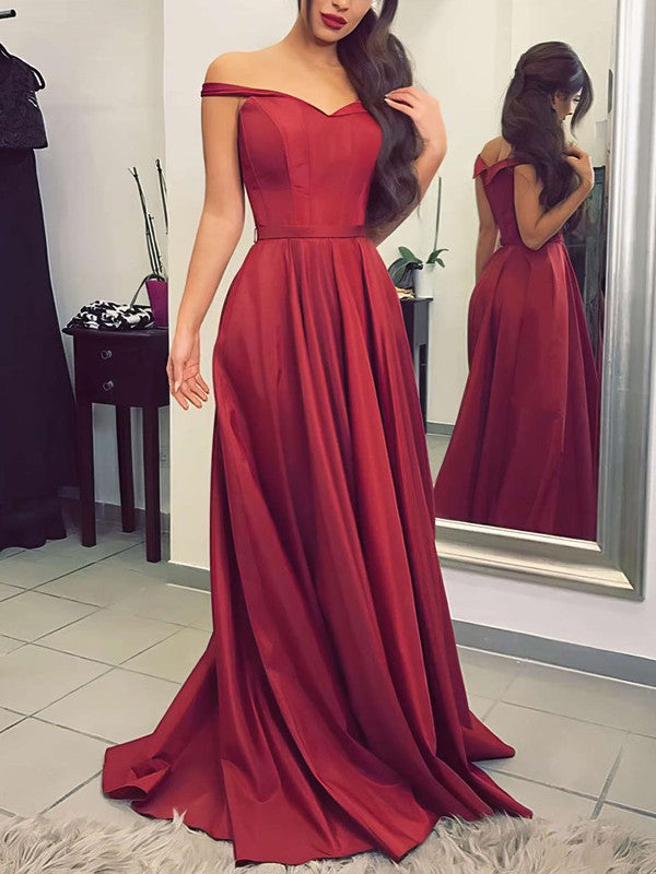 A-Line Off-the-Shoulder Satin Gown with Sashes and Sweep Train