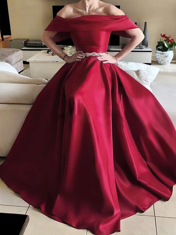 A-line Off-the-shoulder Satin Prom Dresses with Sashes / Ribbons - Floor-length