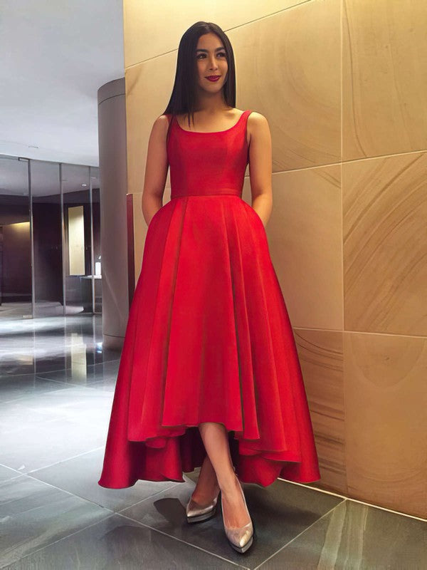 A-line Square Neckline Satin Asymmetrical Bow Prom Dresses