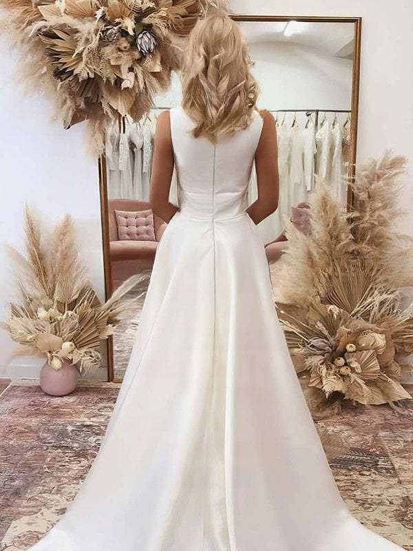 A-line Square Neckline Satin Sweep Train Wedding Dresses
