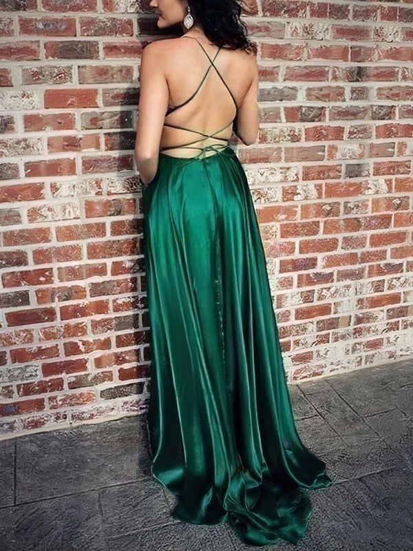 A-line Sweep Train Scoop Neck Silk-like Satin Pockets Prom Dresses