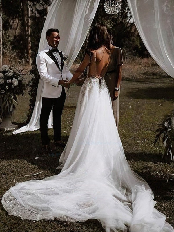 A-line V-neck Tulle Court Train Wedding Dress With Split Front