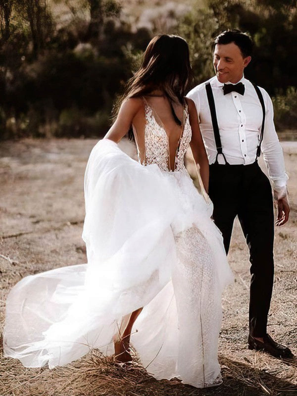 A-line V-neck Tulle Court Train Wedding Dress With Split Front
