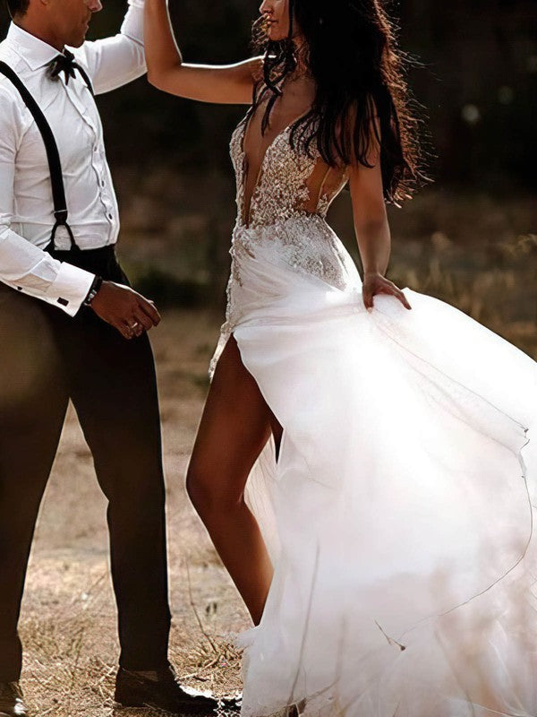 A-line V-neck Tulle Court Train Wedding Dress With Split Front
