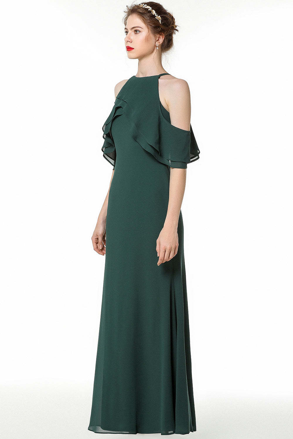 Affordable Cold-shoulder Ruffle Dark Green Bridesmaid Dresses Online-Babyonlines